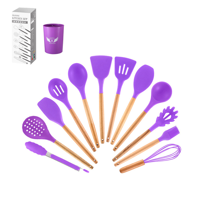 12 Pcs Non-stick Silicone Cooking Kitchen Utensils Spatula Set w/ Holder Wooden Handles 9
