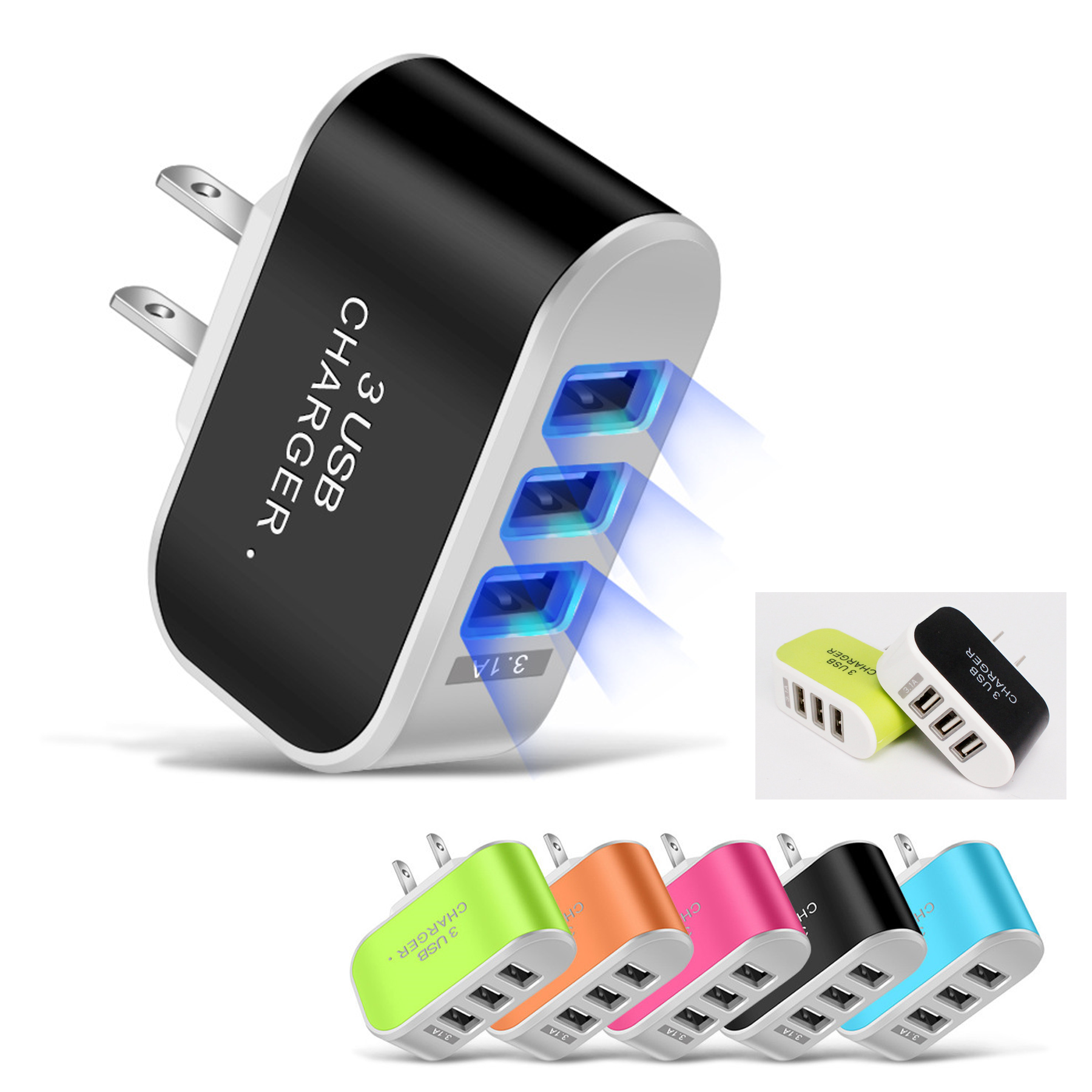 3 Port LED USB Power Wall Charging Block MOQ 50pcs