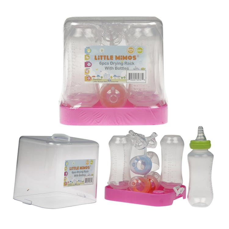 Baby Bottles - Pink & Clear with Drying Rack 4 Pack 2