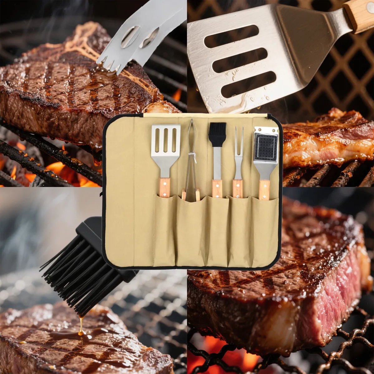 5-Piece BBQ Grill Tool Set With Wooden Handles 5