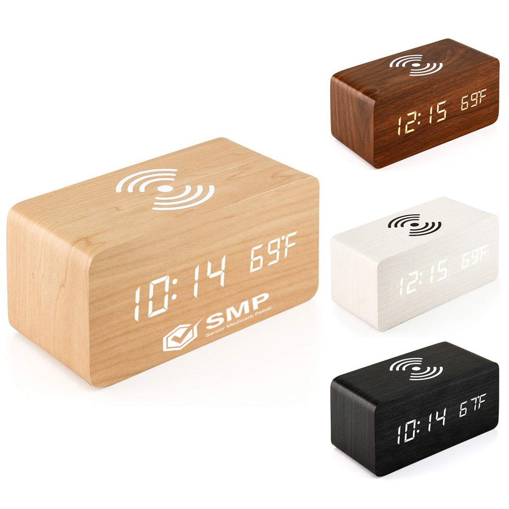 5W Wooden Qi Fast Wireless Charger w/ Digital Led Clock 5