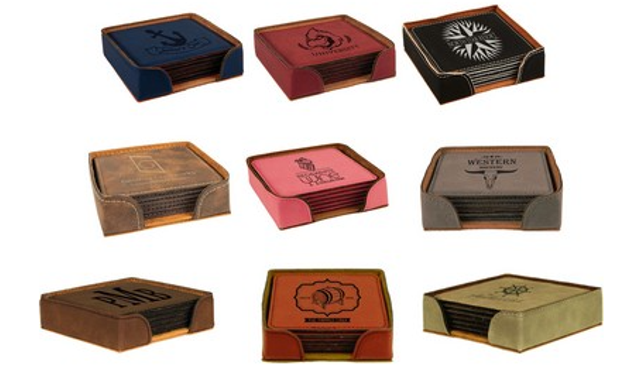 4"x4" Square Laserable Leatherette Set of 6 Coasters Laser Engraved
