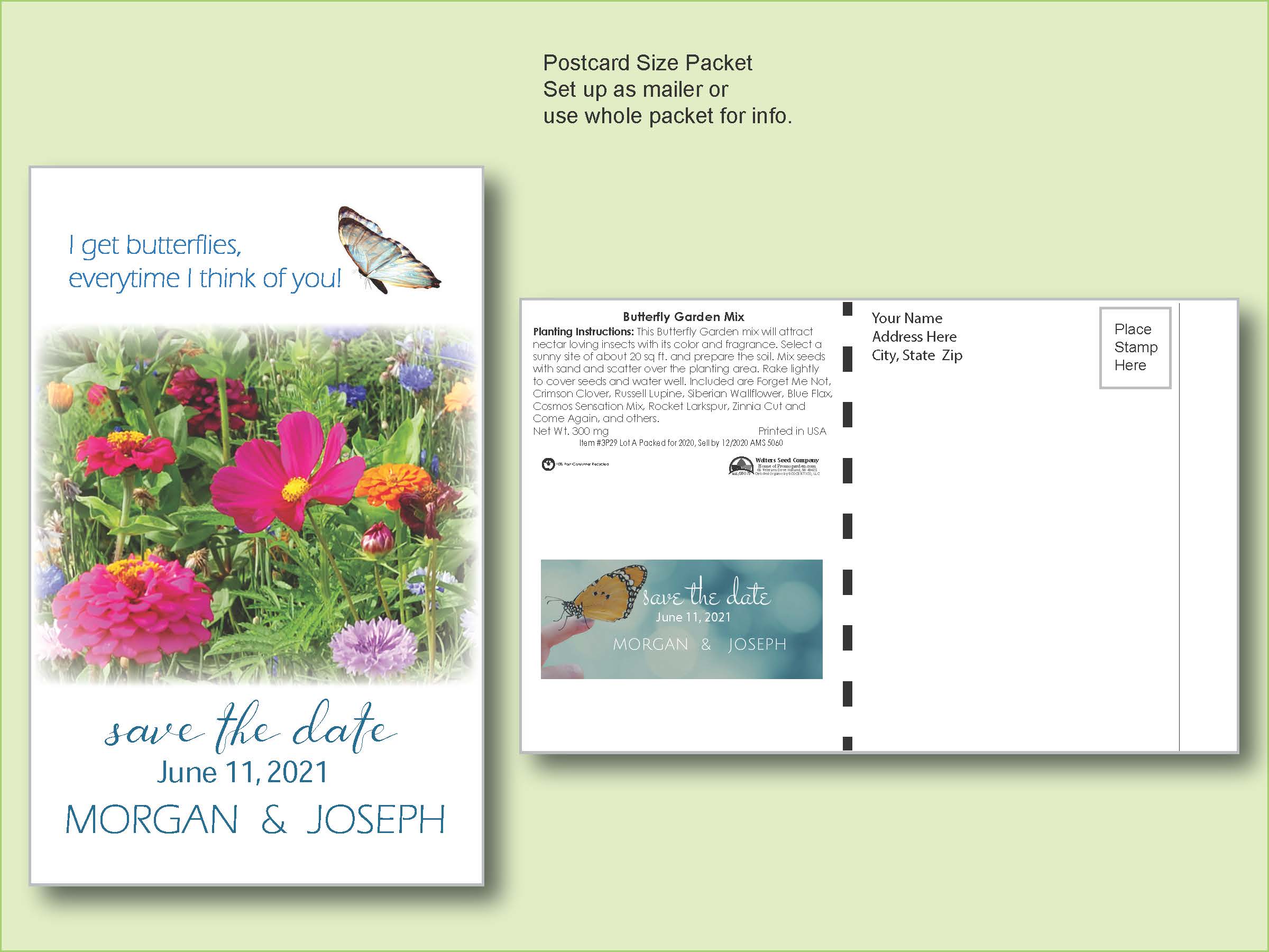 Butterfly Mix Flower Seed Packet - Postcard Mailer Size 4" x 6.5" 1
