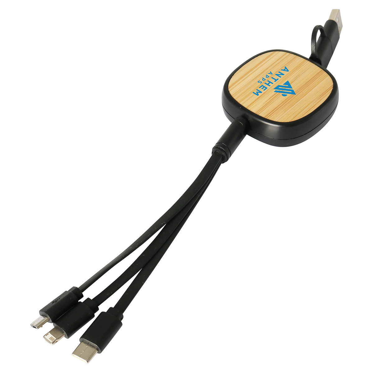 Bamboo Retractable 3-in-1 Charging Cable with Dual Inputs 3