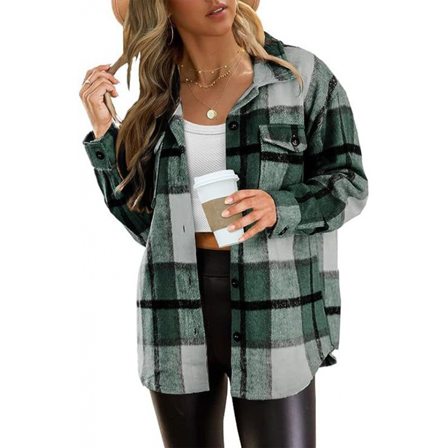 Casual Plaid Shacket Button Down Long Sleeve Shirt 5