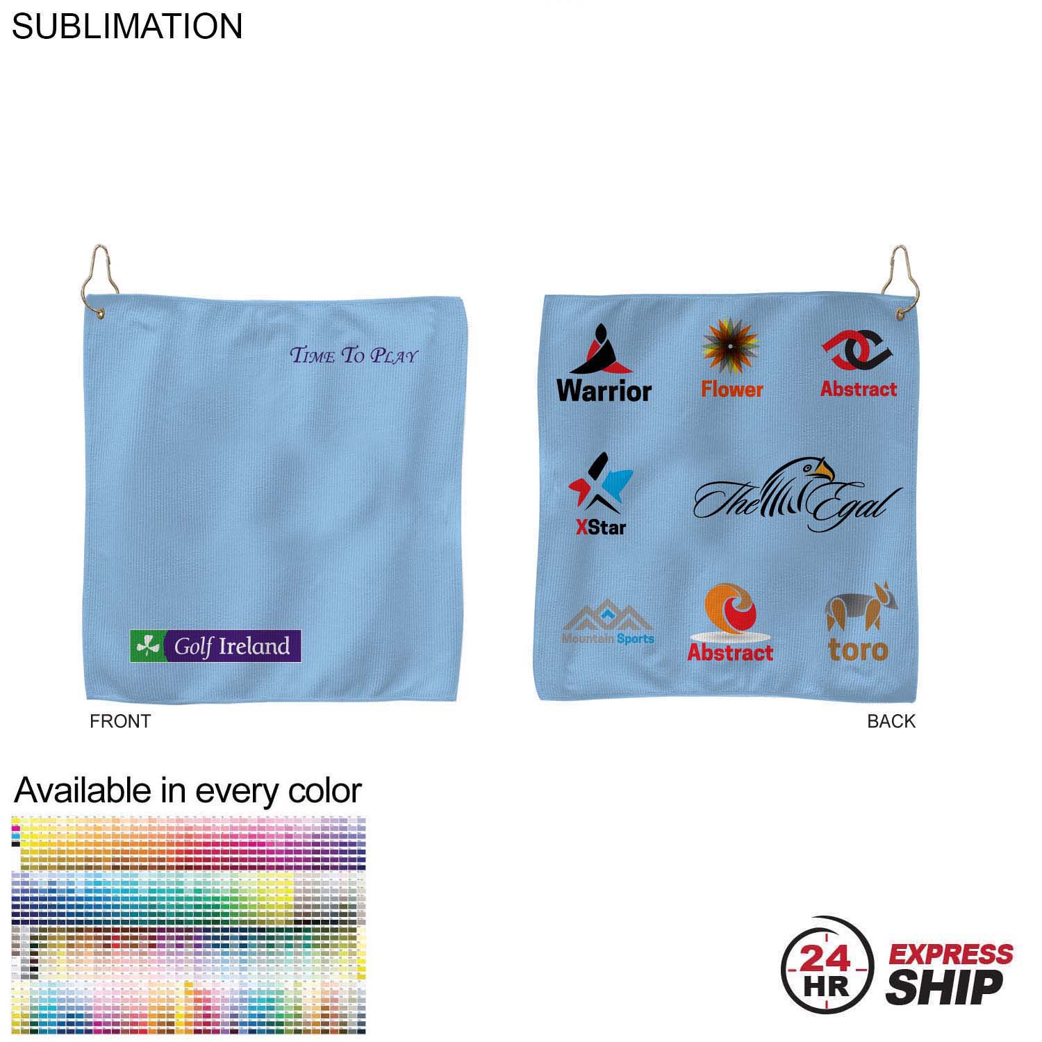 24 Hr Express Ship - Colored Microfiber Dri-Lite Terry Golf Towel, 15x15, Nofold Grommet & Hook 1