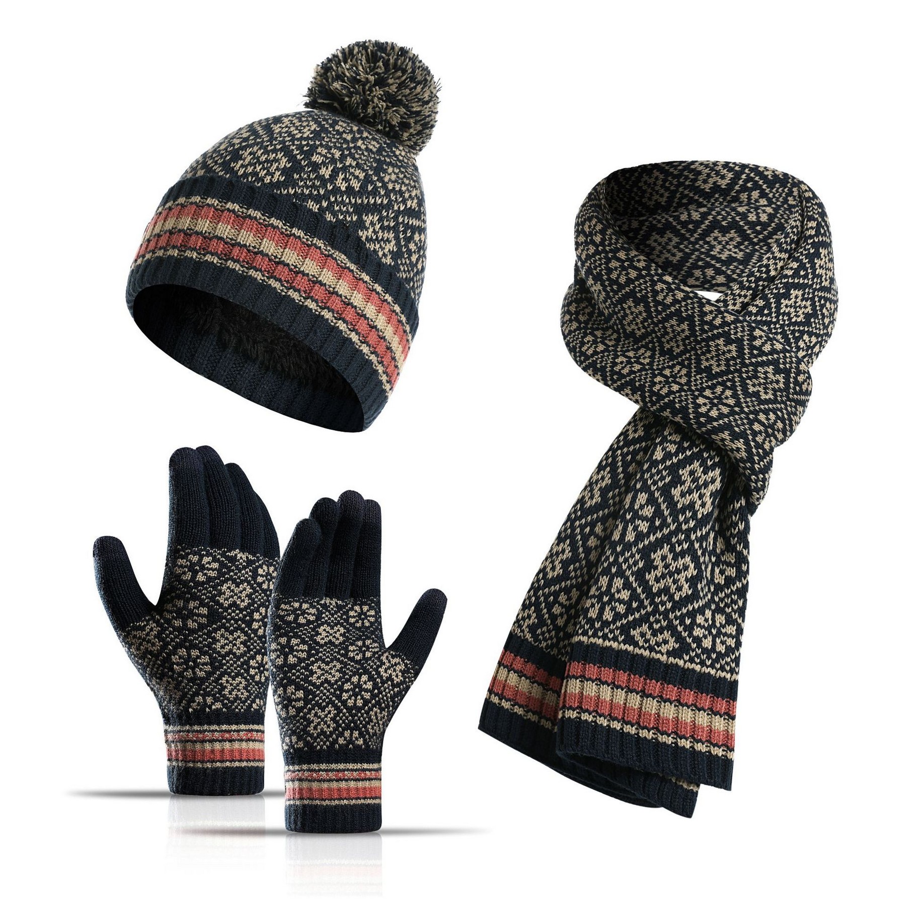 Winter Pom-pom Beanie Hat Scarf Touch Screen Gloves Set 3
