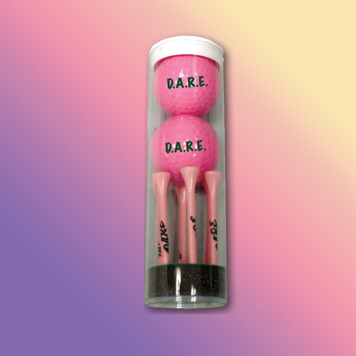 Golf Ball Tube w/ Six Pink 2 3/4" Tees & 2 Golf Balls 1