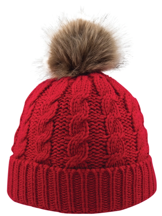 Cable Knit Beanie w/Faux Fur Pom 2