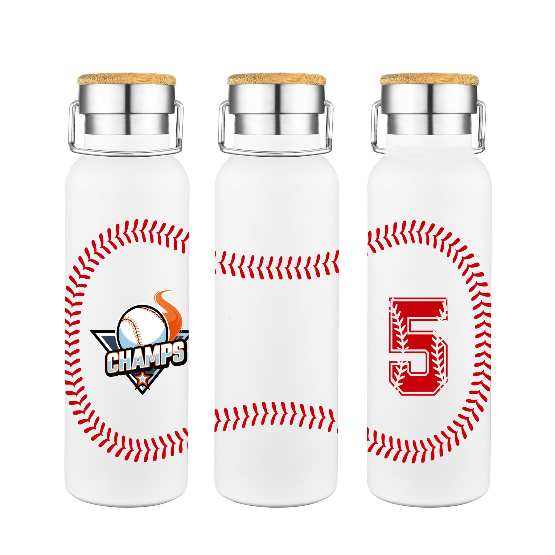 20 oz. Baseball Design Double Wall SS Bamboo Lid Water Bottle, custom water bottle with logo imprint 2
