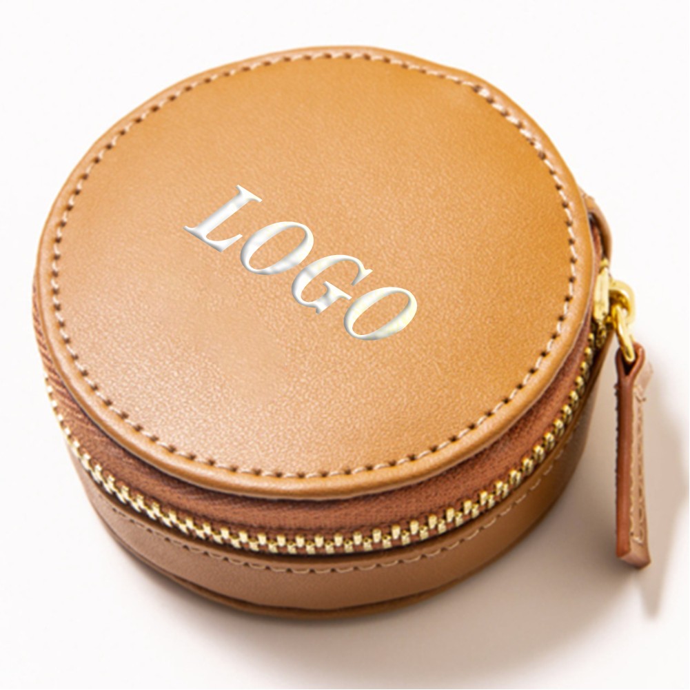 Round Shape Zippered Leather Jewelry Pouch Bag 3