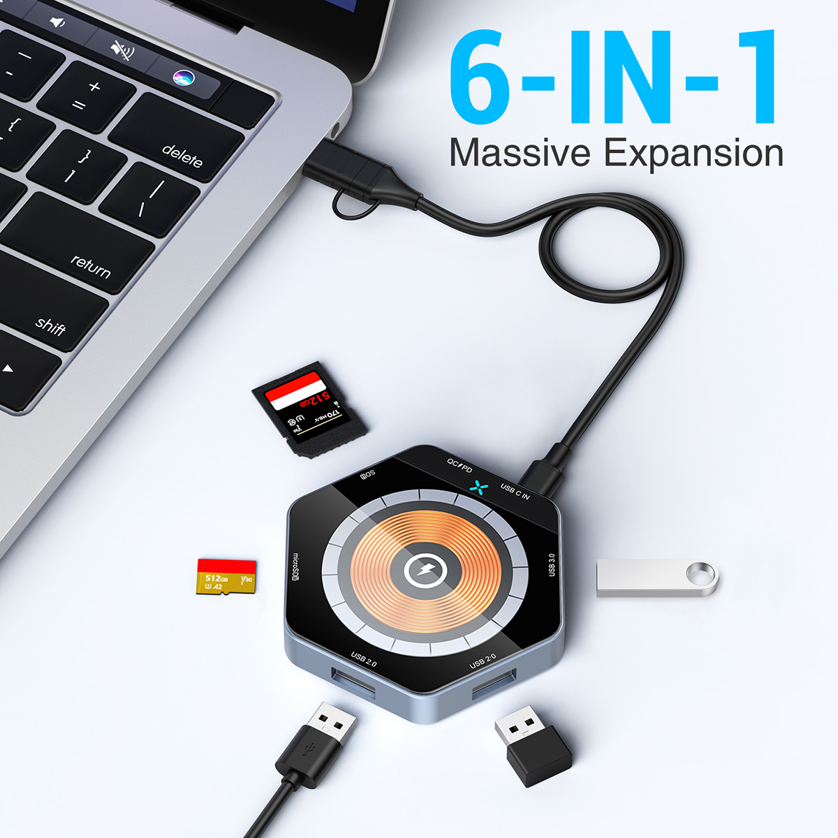 Hexagon Shaped 15W Magnetic Fast Wireless Charger, USB Hub and Card Reader With QC and PD 7