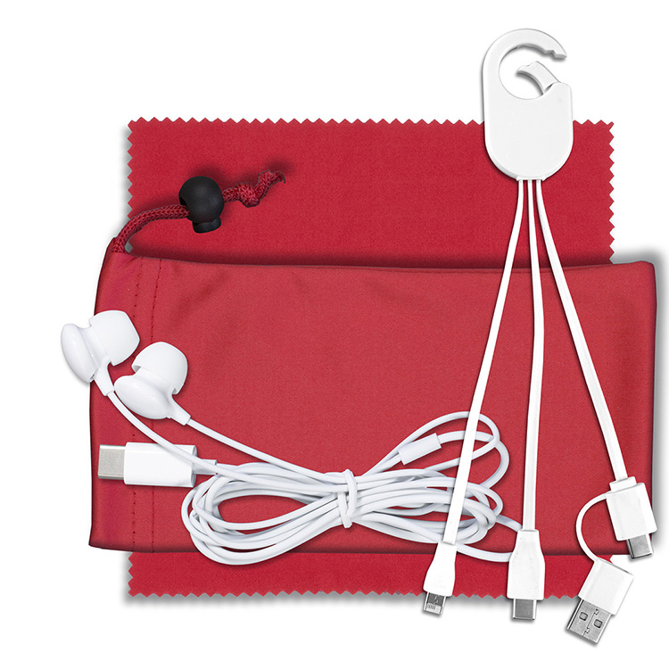 Mobile Tech Charging Kit with Earbuds in Microfiber Cinch Pouch Components inserted into Microfiber 1