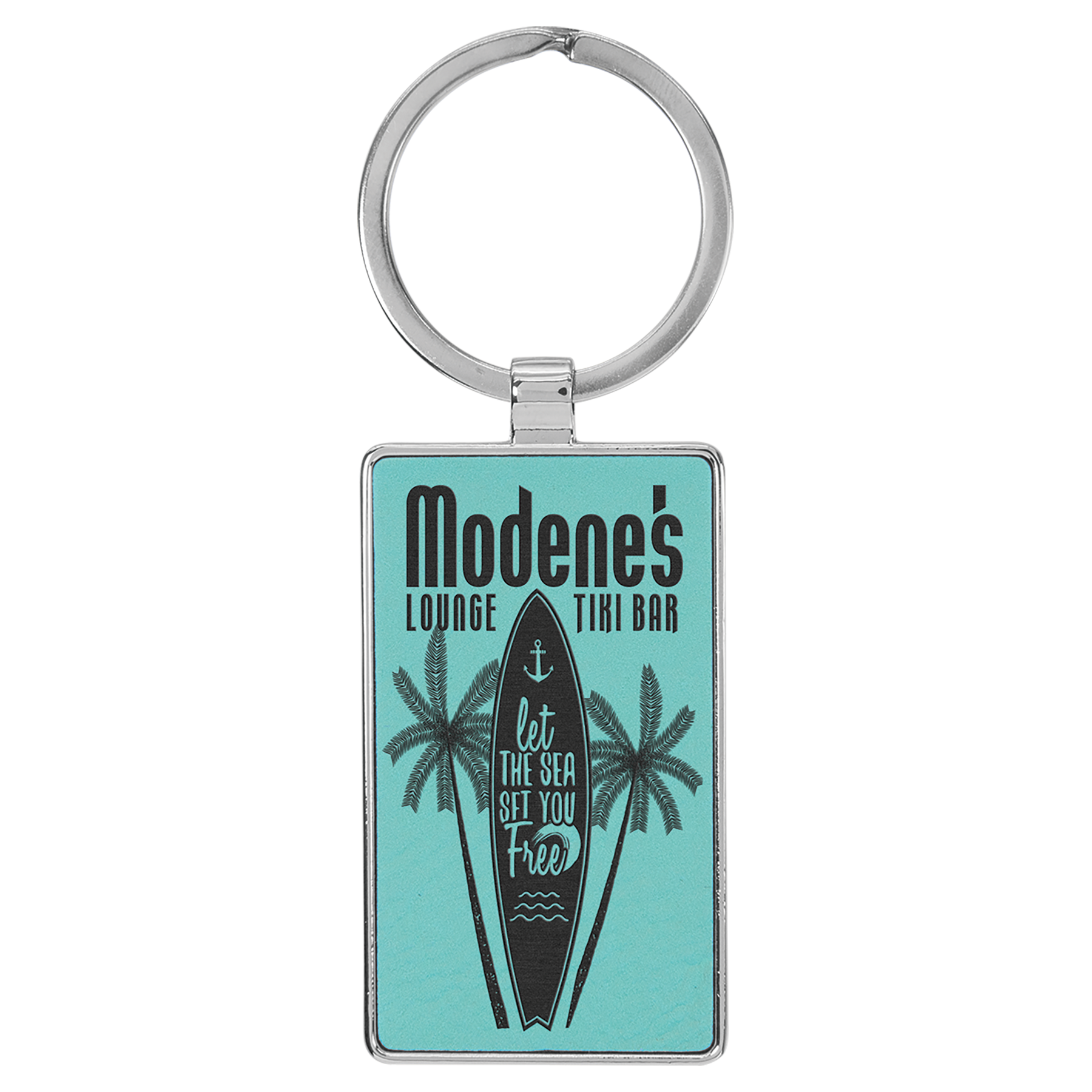 2 3/4" x 1 1/4" Leatherette/Metal Teal Rectangle Keychain 1