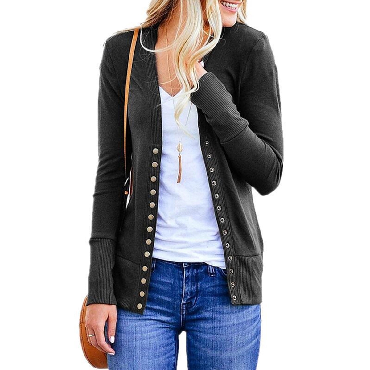Women's Long Sleeve Snap Button Down Knit Neckline Cardigans 6