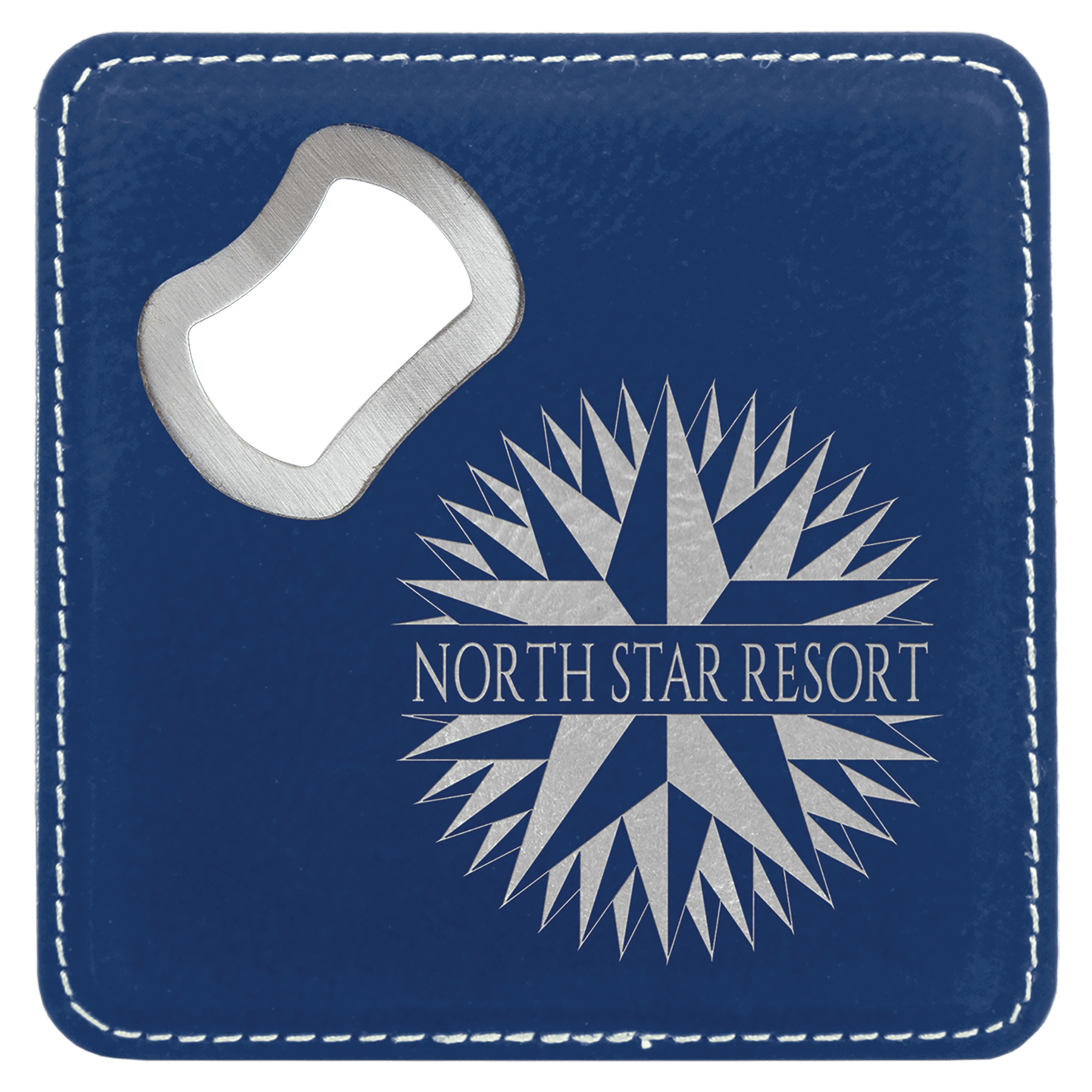 4" x 4" Square Blue/Silver Leatherette Coaster w/ Bottle Opener