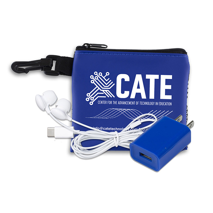 “TechMesh Charge” Mobile Tech Earbud and Charger Kit in Mesh Zipper Pouch Components inserted into Z 8