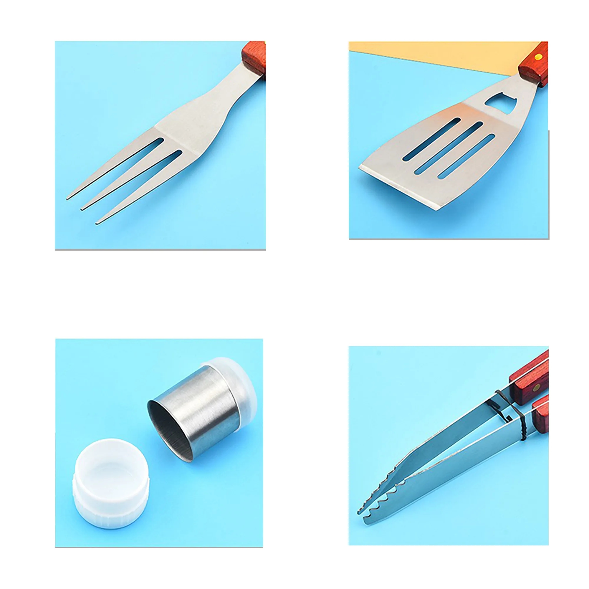 Stainless Steel BBQ Grill Tool Set Natural Wood Handle Party 3