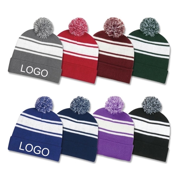 TWO TONE KNIT POM CUFF BEANIE 2