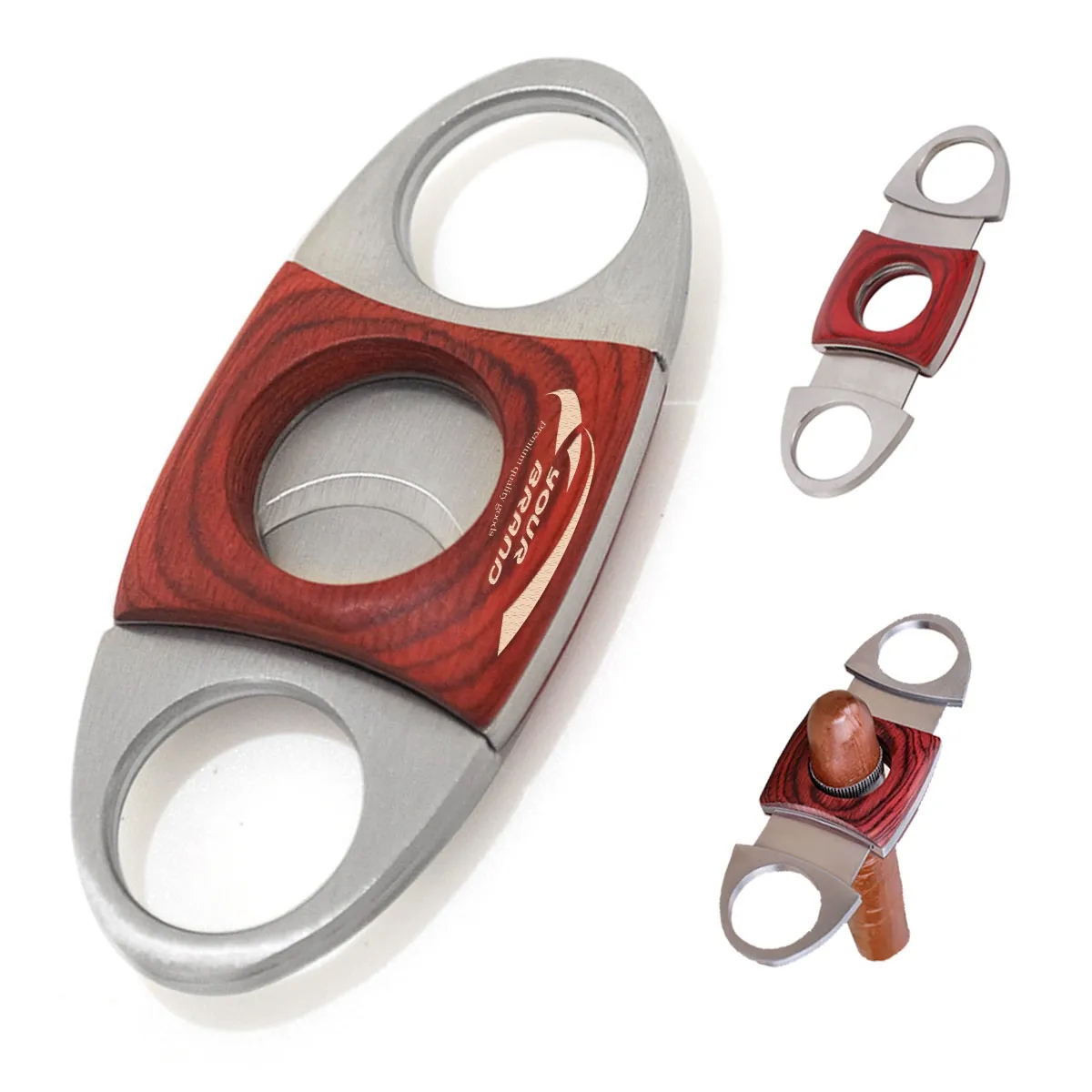 Stainless Steel Red Wood Double Cut Blade Cigar Cutter 3