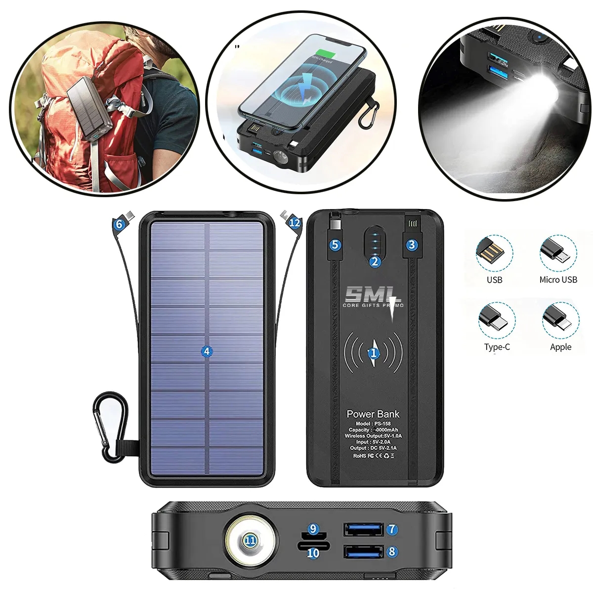 20,000 mAh Solar Wireless Charging Bank With Flashlight 3