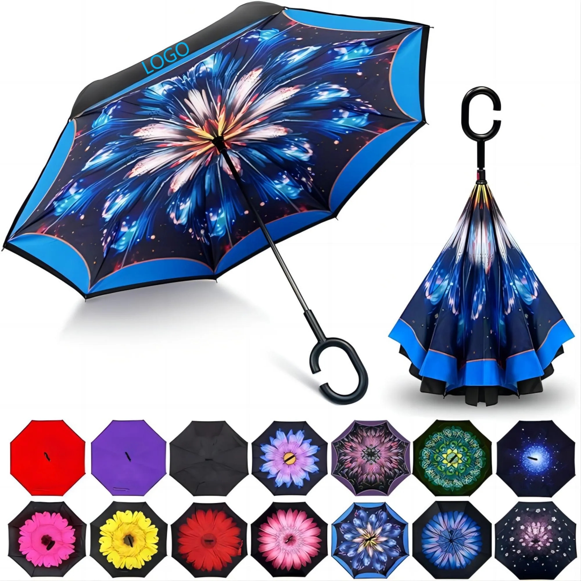 MOQ 50 Windproof Double Layer Folding Inverted Umbrella 3