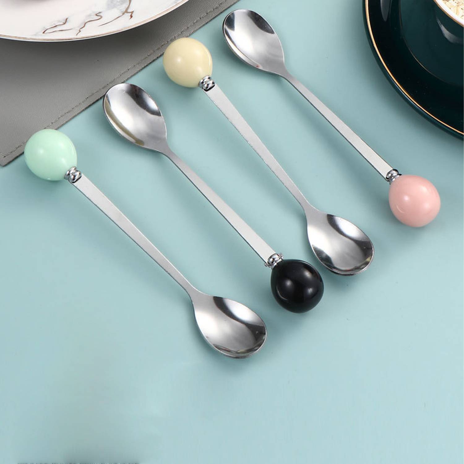 Stainless Steel Tea Coffee Dessert Ceramic Ball Spoon 3