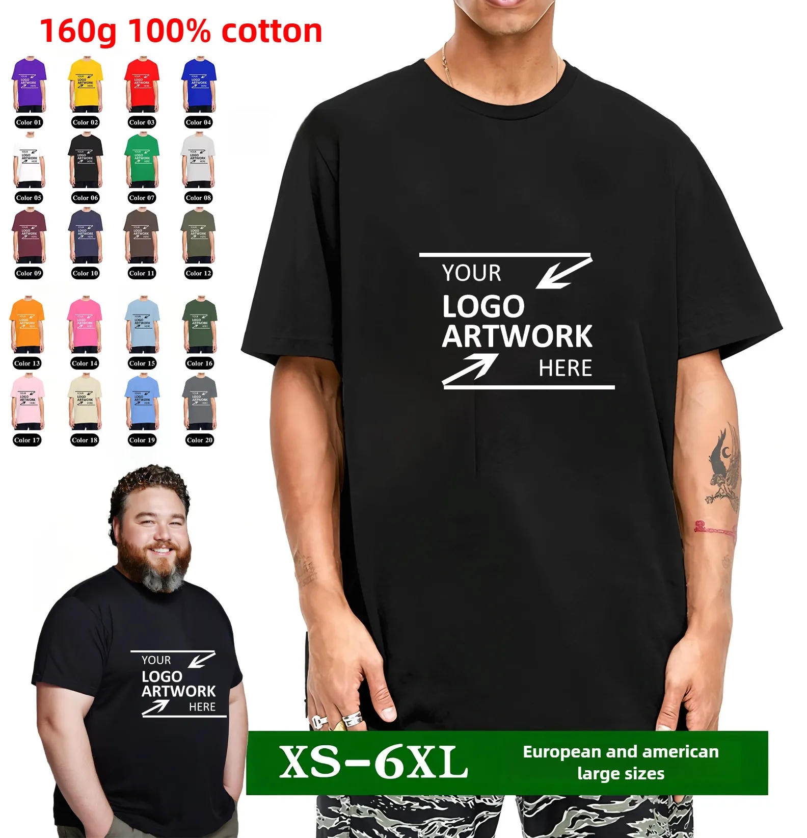 Bulk Custom Logo 160g Cotton Mens T-Shirts Black White Wholesale Plain Tees 2
