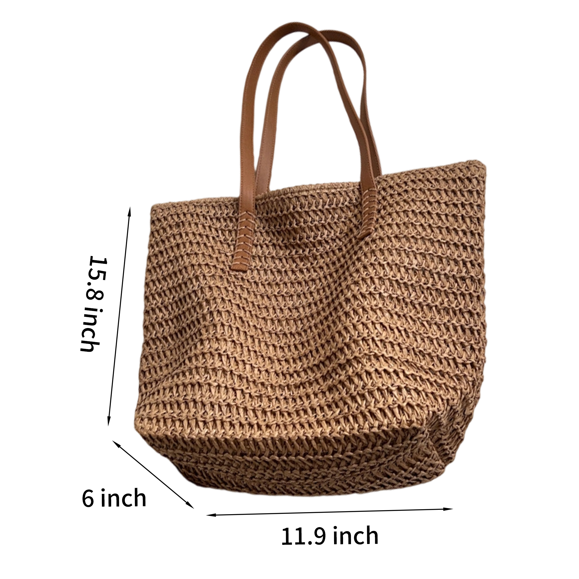 Straw Woven Tote Shoulder Bag With PU Leather Handle 2