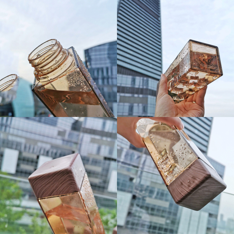 Square Shape Water Bottles With Wood Grain Lid 2