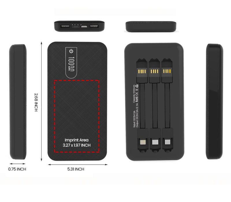 Power Bank with 3 Built-in Cables - 10000 mAh 5