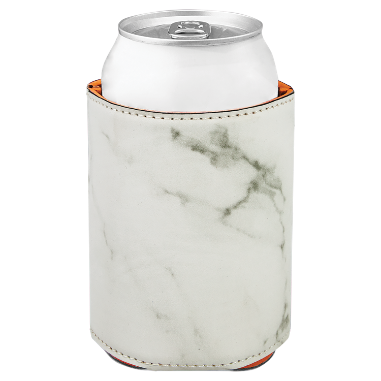 3 3/4" White Marble Leatherette Beverage Holder, custom koozie with logo imprint 2
