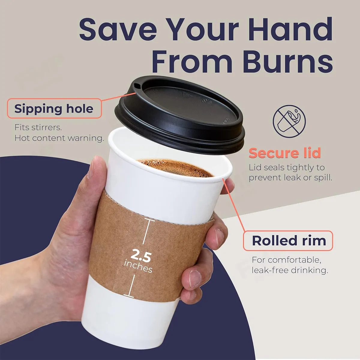 16OZ Black Dome Lid, Kraft Sleeve,White Paper Coffee Cup 6