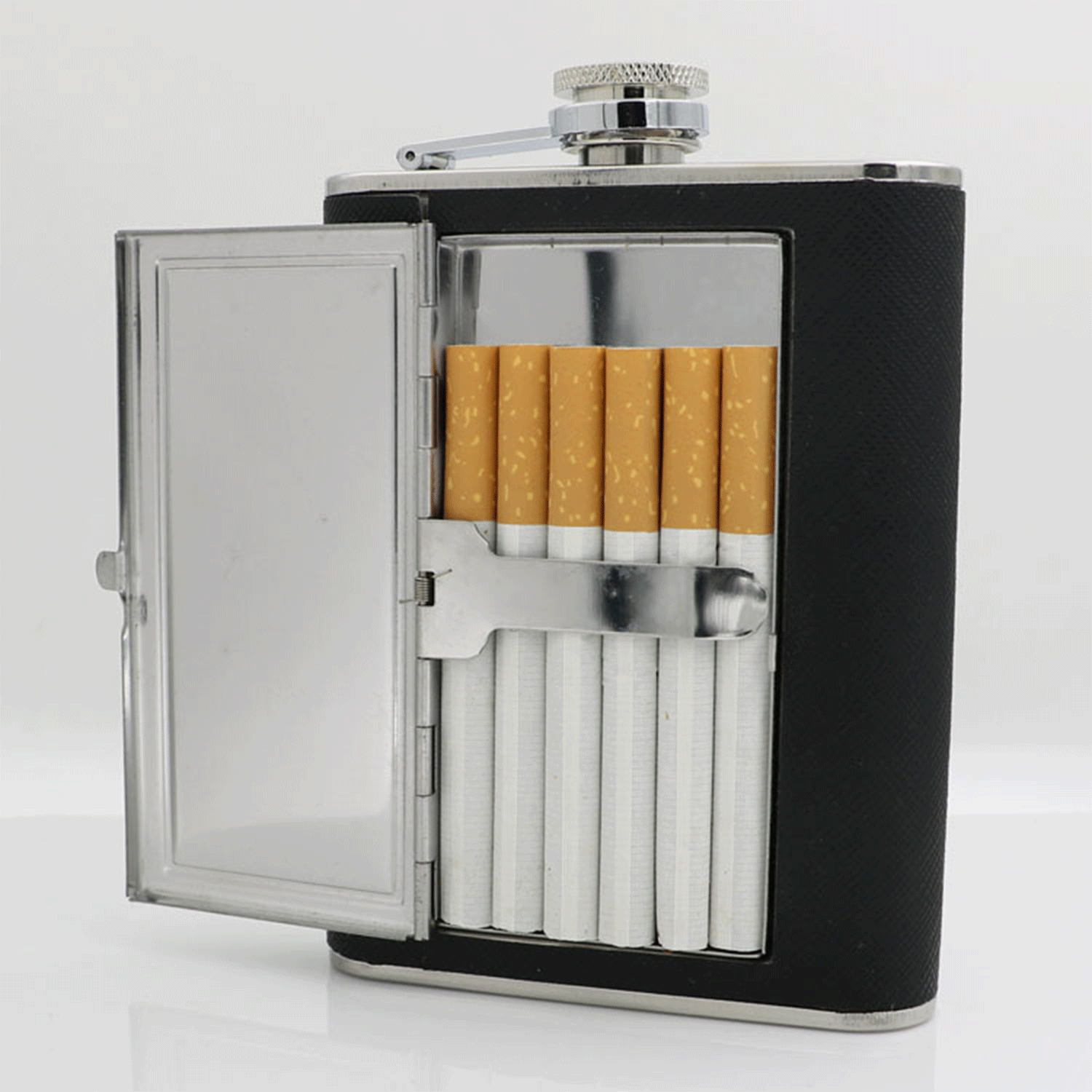 5oz black pu Whiskey Flask w/ bulid-in cigarette case 2