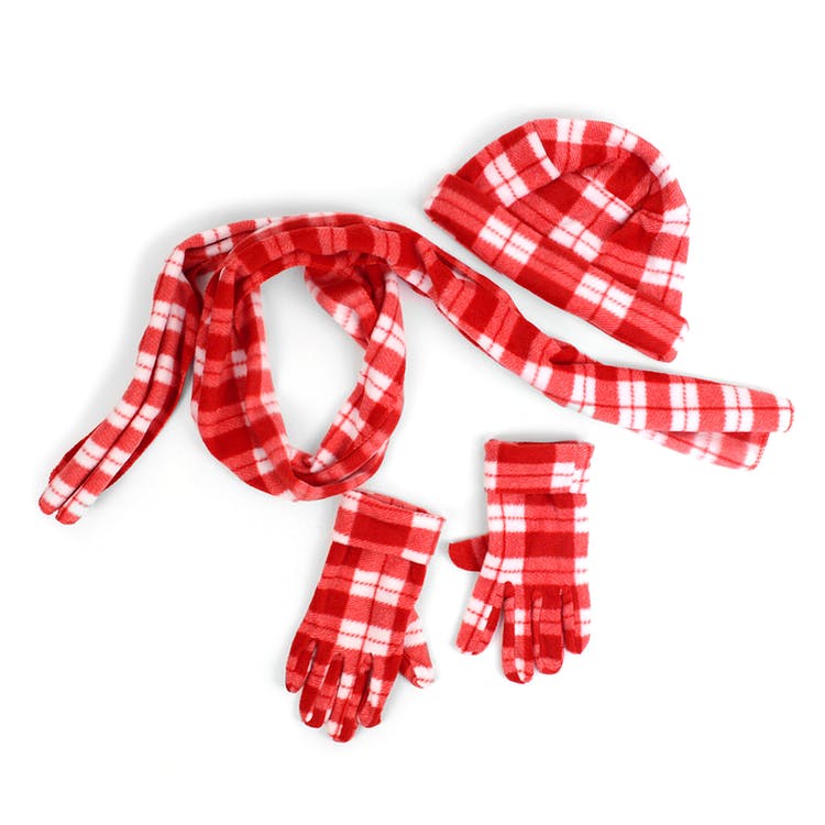 Women's Hat Gloves & Scarf Sets - Red Plaid Fleece 2