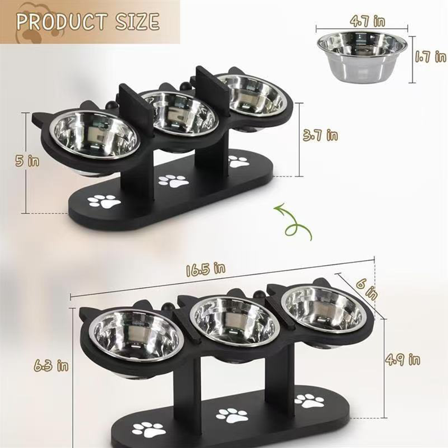 Adjustable Wooden Pet Feeder Stand with 3 Stainless Bowls 4