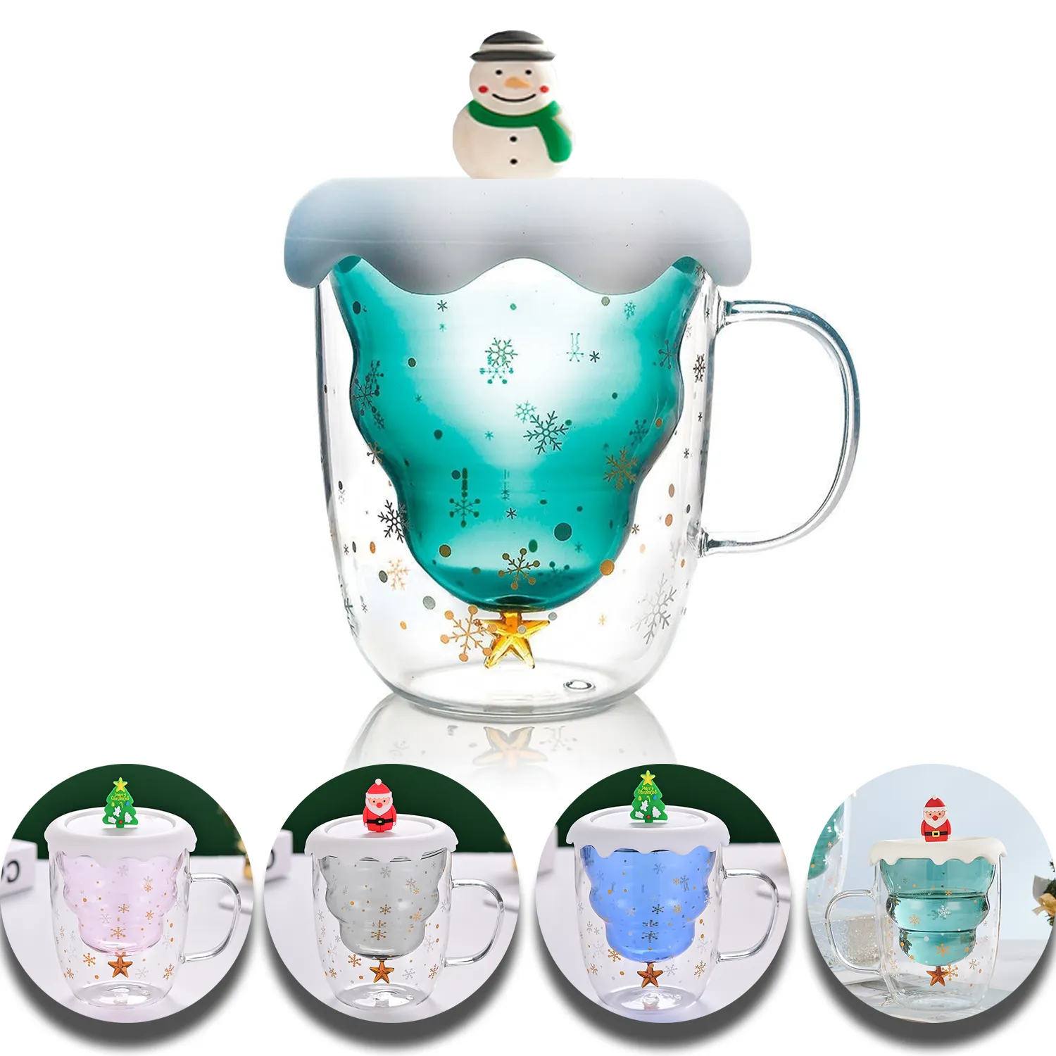 Christmas Tree Double Wall Insulated Glasses Mugs with Lid 6