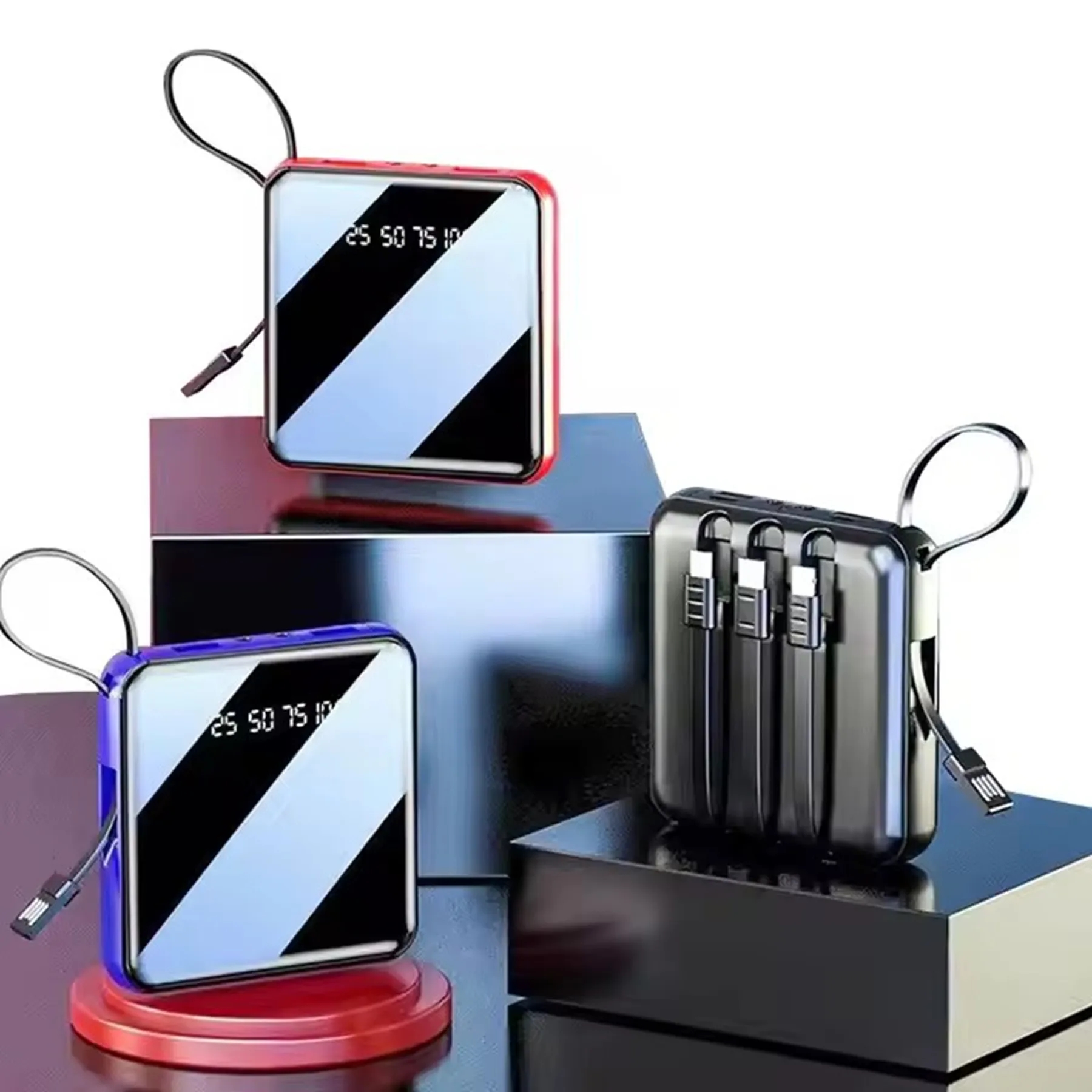 10000 mAh Square Mirror Power Bank with Built-in Cable 15