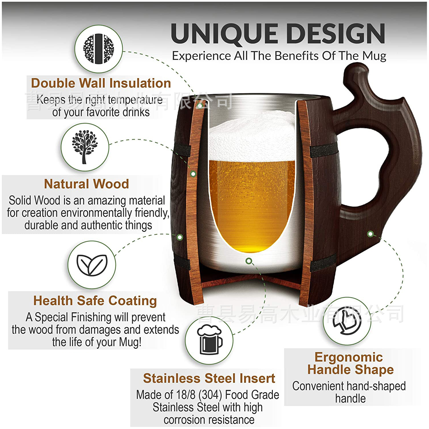 20oz Wood Grain Stainless Steel Mug w/Handle 8