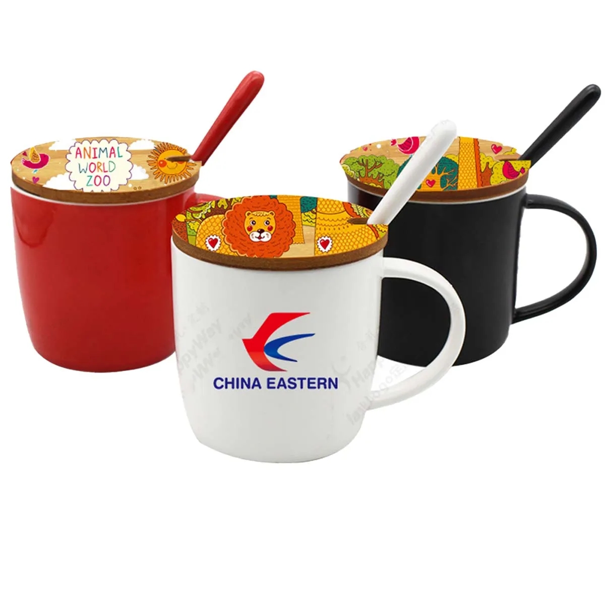 16oz. Ceramic Coffee Cup Mug with Spoon and Wooden Lid 3