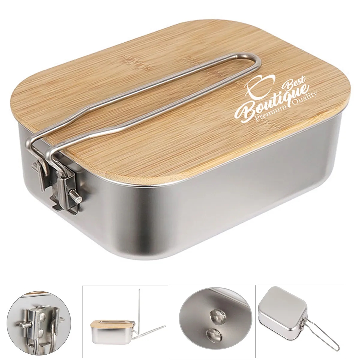 Stainless Steel Camping Bento Box with Foldable Handle 3