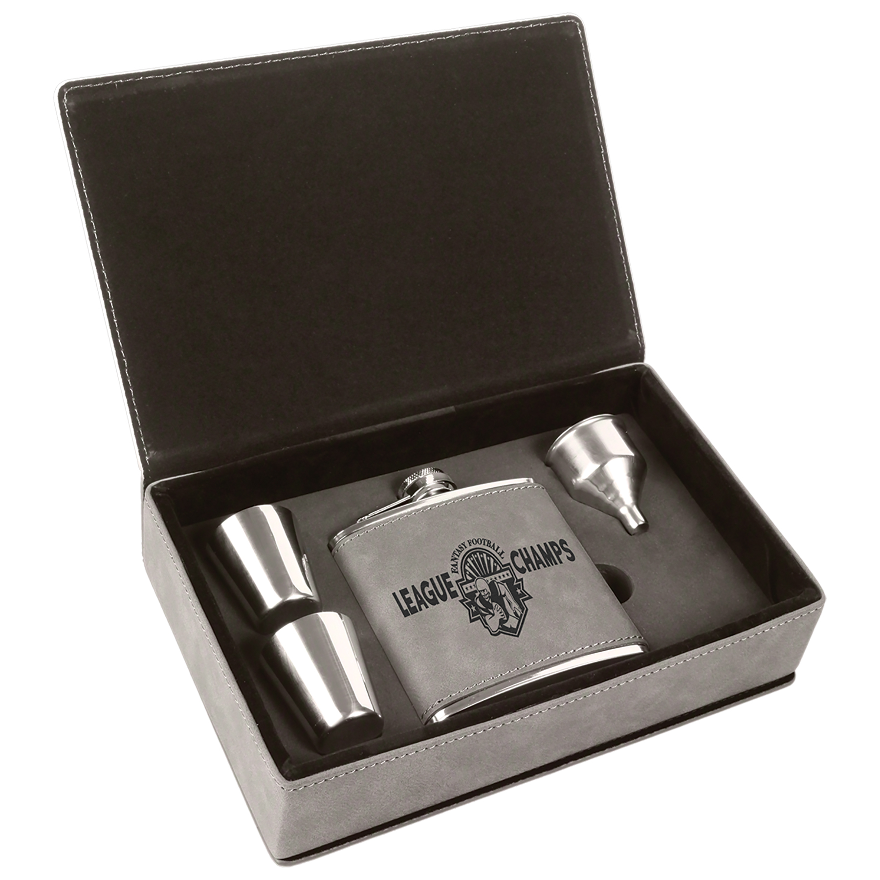 Stainless Steel Gray Leatherette Flask Gift Set