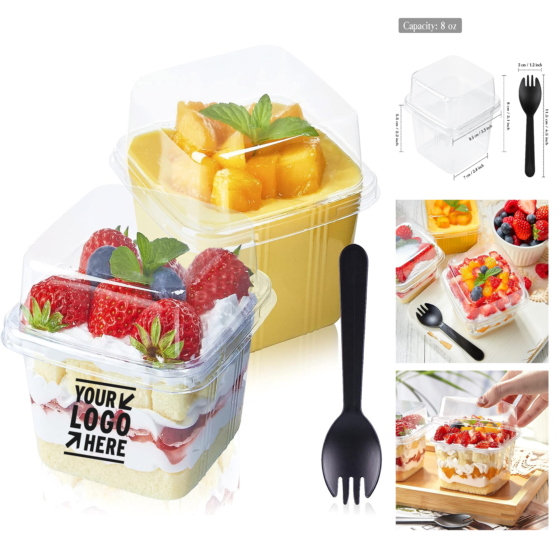 8 OZ Strawberry Square Dessert Clear Plastic To Go Container Cake Cup with Lid Spork 2