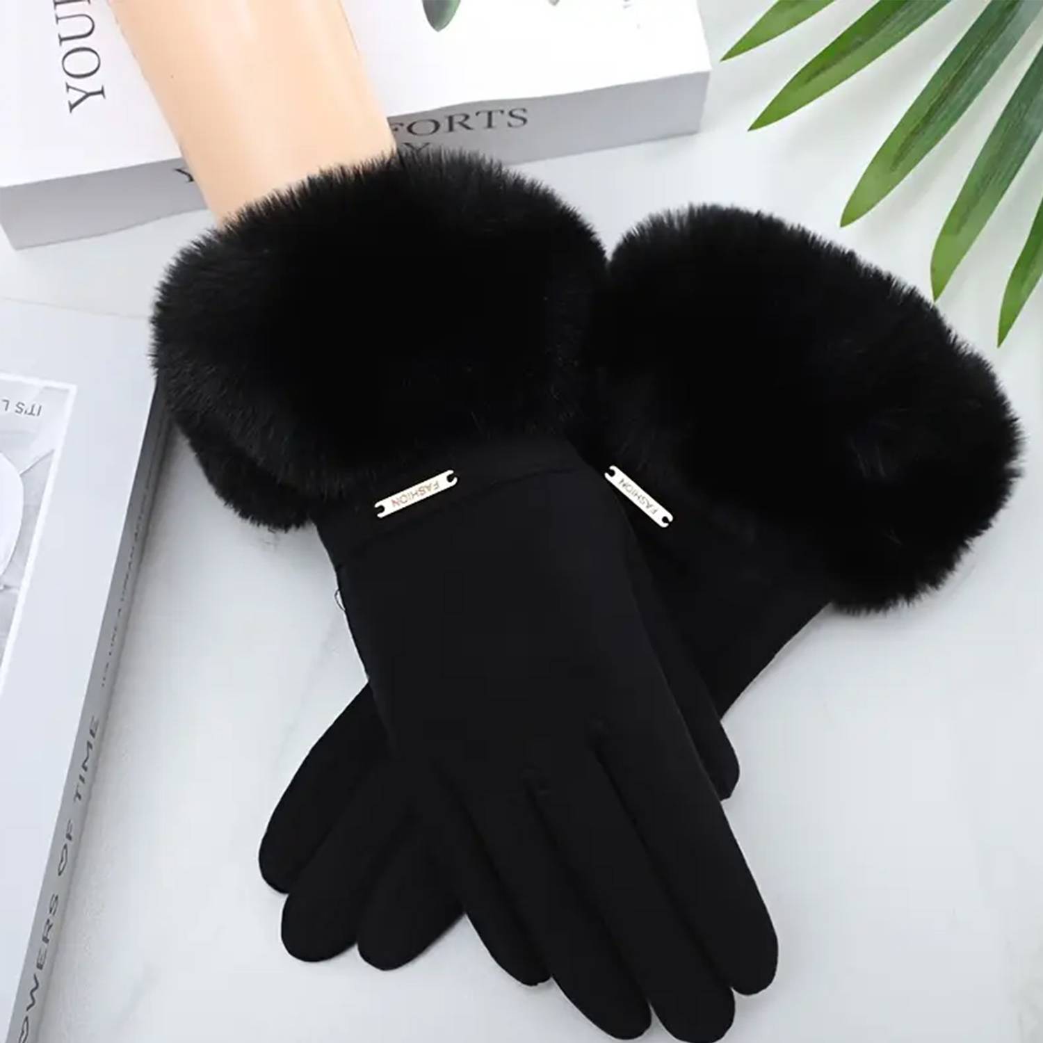 Women Winter Gloves w/ Touch Screen Fingers Faux Fur Cuff 4