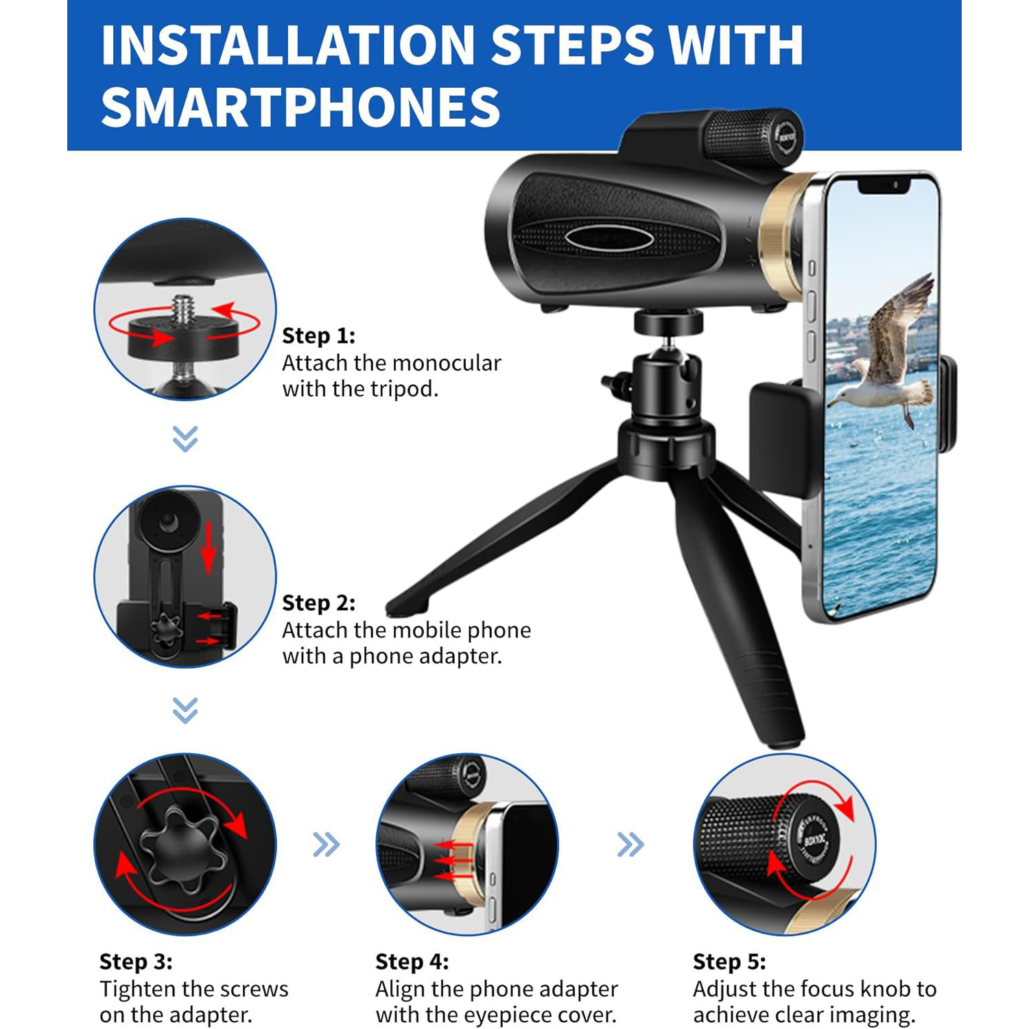 Monocular Telescope w/ Smartphone Adapter Tripod 4
