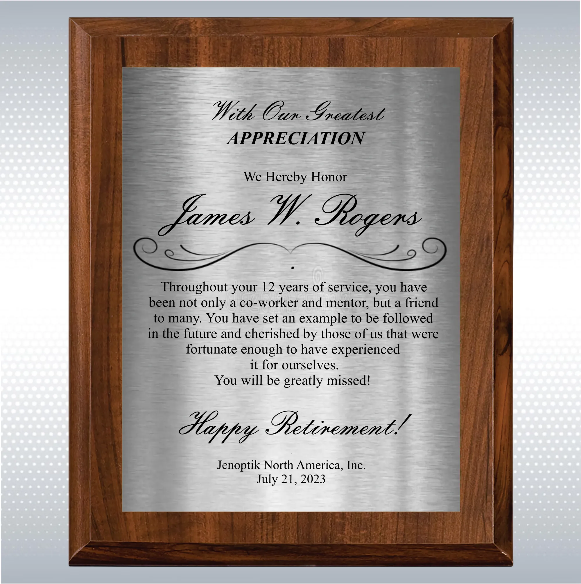Cherry Finish Plaque Retirement Gift Award 21