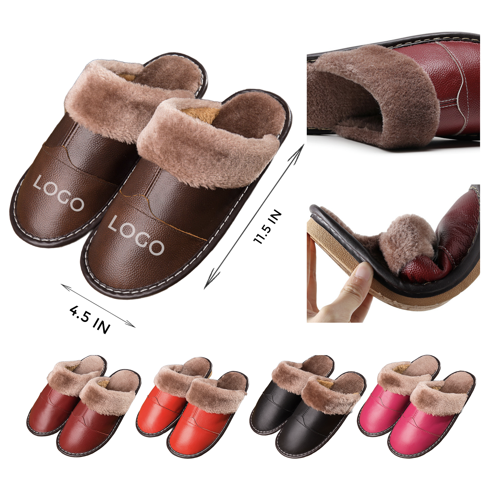 MOQ 10 PCS Versatile Winter Genuine Leather Warm Slippers 2