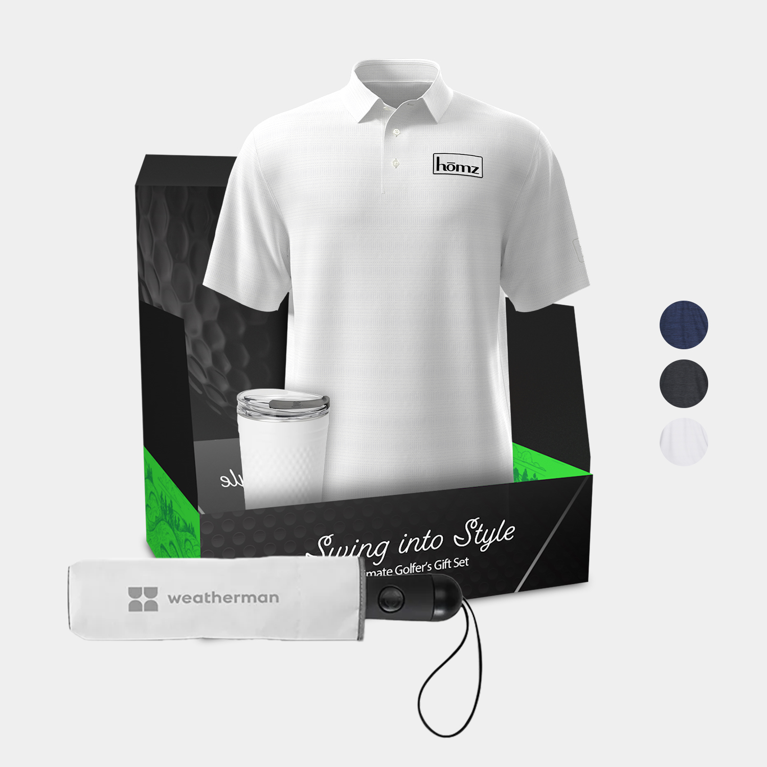 20 oz SWIG® Golf Flip & Sip SS Water Bottle, PGA TOUR® Jaspe Airflux Men's Golf Polo & Weatherman® Umbrella Gift Set 1