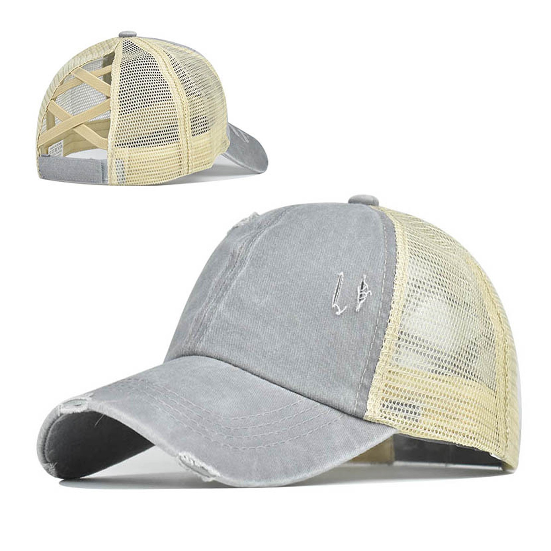 Washed Denim Criss Cross Ponytail Trucker Cap 1