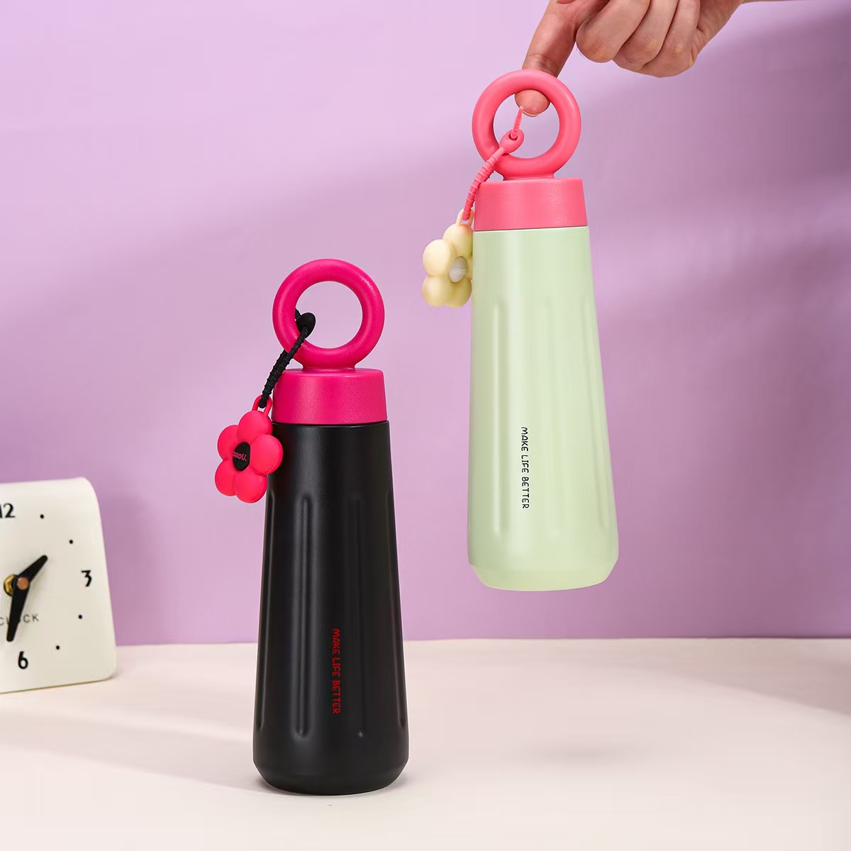15ozStainless Steel Vacuum Insulated Water Bottle & Cup With Ring-shapedHandle And Artificial Petals 7